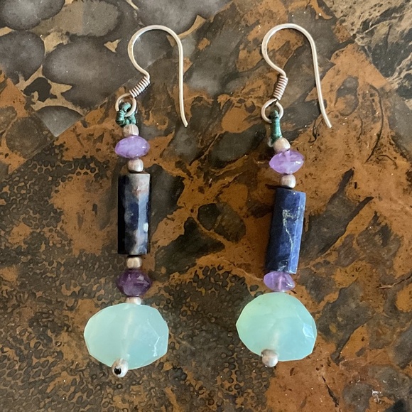 NWOT STERLING SILVER 925 Chalcedon/Lapis lazuli/Amethist Earrings - Picture 1 of 6